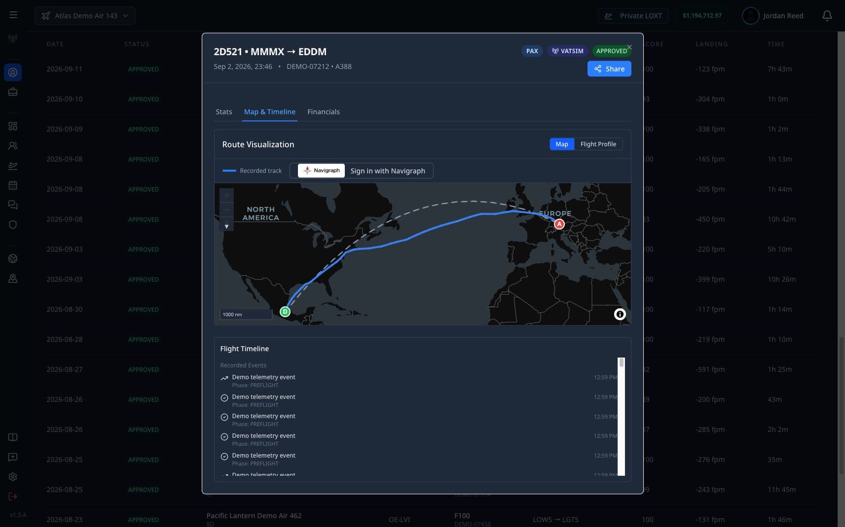 Completed FlightLinq flight debrief showing a recorded route
