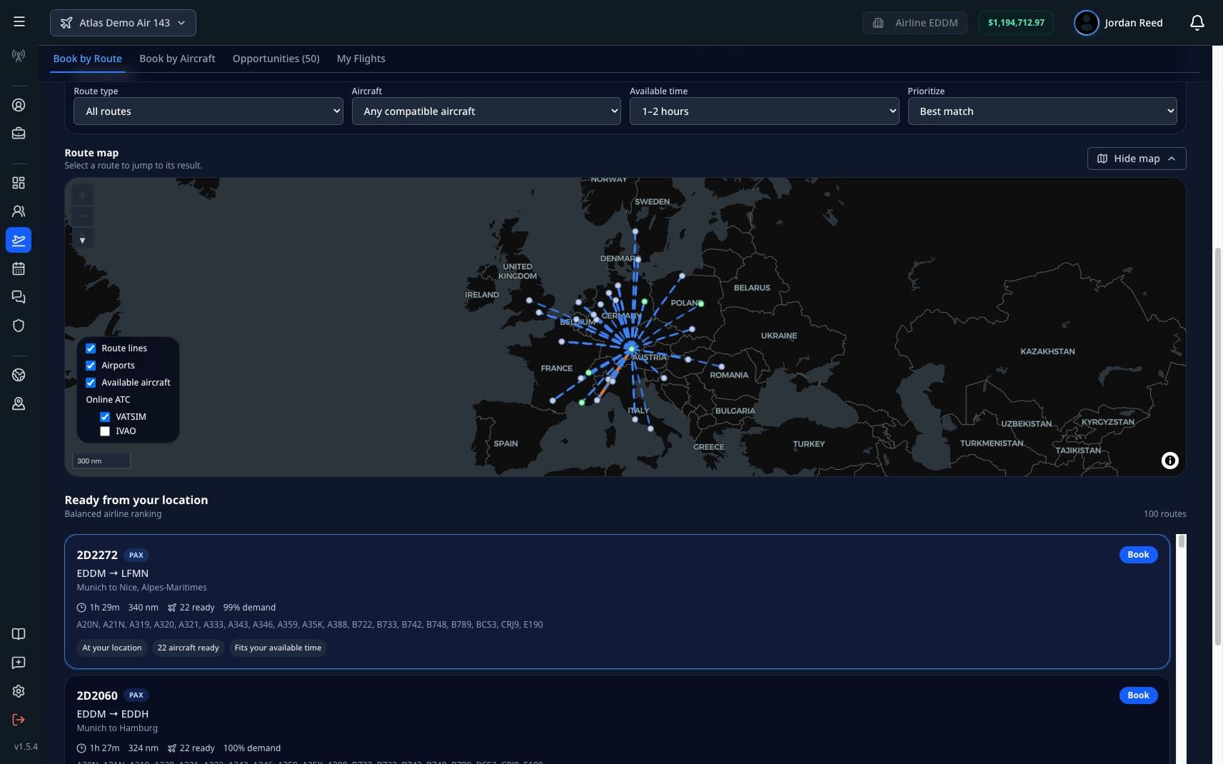 Route and Hub Operations interface